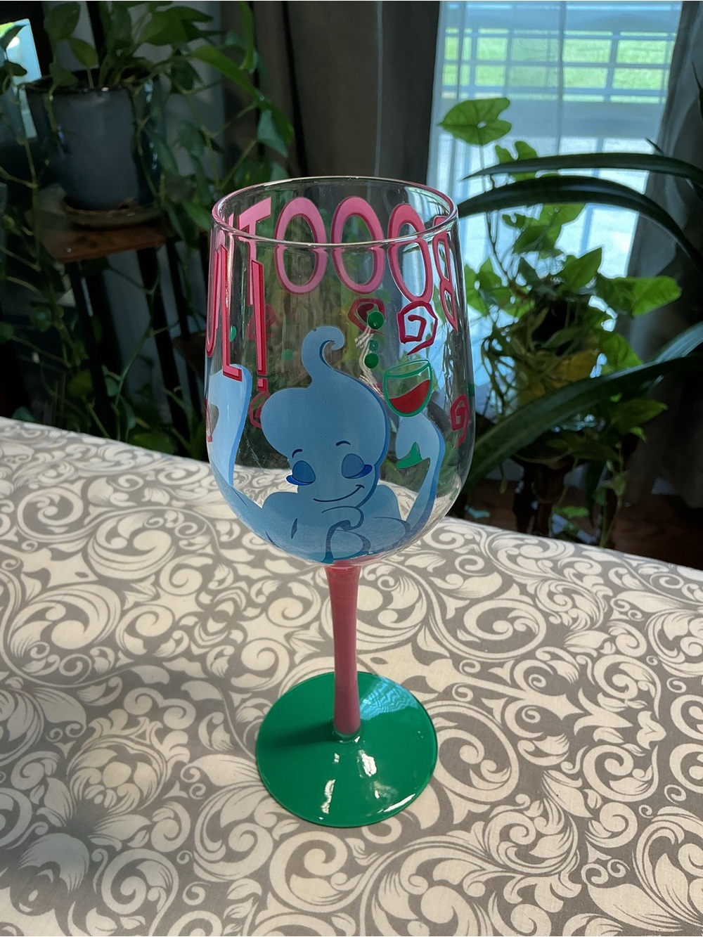Whimsical Pink & Green Ghost Wine Glass